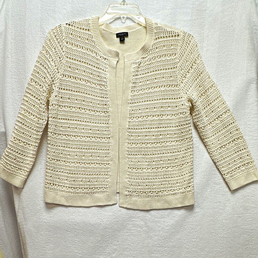 Ann Taylor Factory Womens L Ivory Open-Knit Crew Neck 3/4 Sleeve Cotton Cardigan